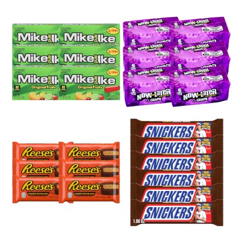 Big TOP DEALS USA 36 Count Candy Variety Pack, 9 Each Mike and Ike Original Fruits, Now and Later Grape, Reese's Peanut Butter Cups, Snickers - Individually Wrapped, Fruity Chewy Candy, Party Favors