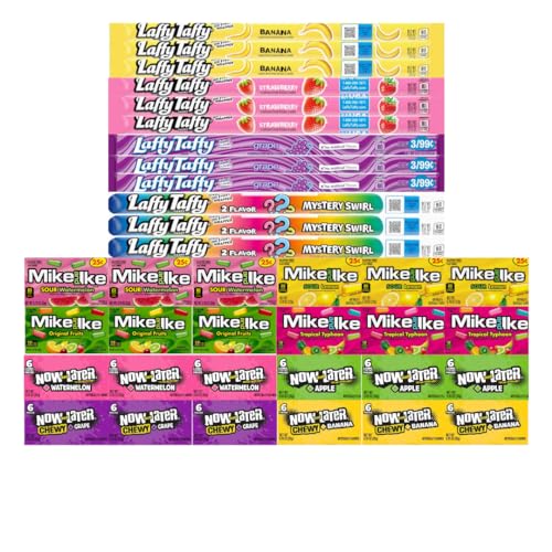 BigTopsDeals Assorted Candy Mix - 4 Flavors Mike And Ike, 4 Flavors Now And Later, 4 Flavors Laffy Taffy - Chewy Treats And Sour Candy, 36 Pack - Perfect For Parties, Snacks, And Sharing