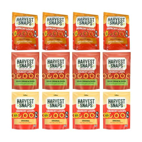 Big Top Deal USA Variety 12 Pack Crunchy Loops Mega, Honey BBQ, Sour Cream & Onion, Original, Harvest Snaps, Baked Veggie Chips, Gluten Free, Plant Protein, Snack Crisps