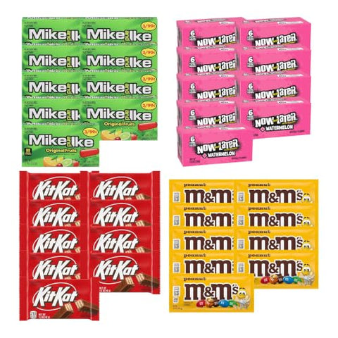 Big TOP DEALS USA 16 Count Candy Variety Pack, 4 Each Mike and Ike Original Fruits, Now and Later Watermelon, Kit Kat, M&M's Peanut - Individually Wrapped, Fruity Chewy Candy, Single Serve Packs