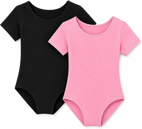Moret Kids Girls' Ballet and Dance 2-Pack Short Sleeve Leotard - Combination Pack (Black & Pink) - Classic Cotton Stretch Studio Practice Outfit, X-Small