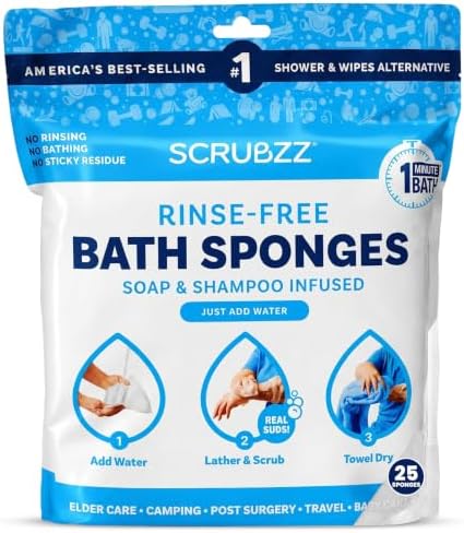 Scrubzz Disposable Rinse Free Bathing Wipes - 25 Pack - All-in-1 Single Use Shower Wipes, Simply Dampen, Lather, and Dry Without Shampoo or Rinsing