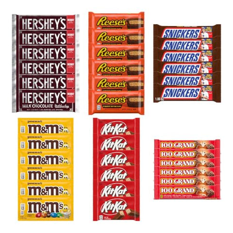 Big TOP DEALS USA 36 Piece Candy Variety Pack with 6 Hershey's Milk Chocolate, 6 Reese's Cups, 6 Snickers, 6 M&M's Peanut, 6 Kit Kat and 6 100 Grand - Individually Wrapped Party and Halloween Bundle