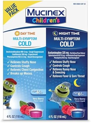 Mucinex Cold & Cough, Children's Multi-Symptom Day/Night Liquid, Very Berry, 8oz (2x4oz) Relieves Nasal & Chest Congestion, Thins & Loosens Mucus, Controls Cough, Reduces Fever, Soothes Sore Throat