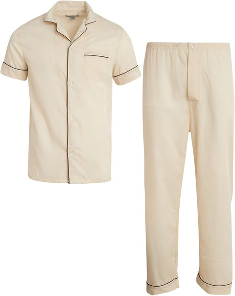Ten West Apparel Men's 2-Piece Pajama Set with Short Sleeve Shirt and Long Pants, Size Large, Tan