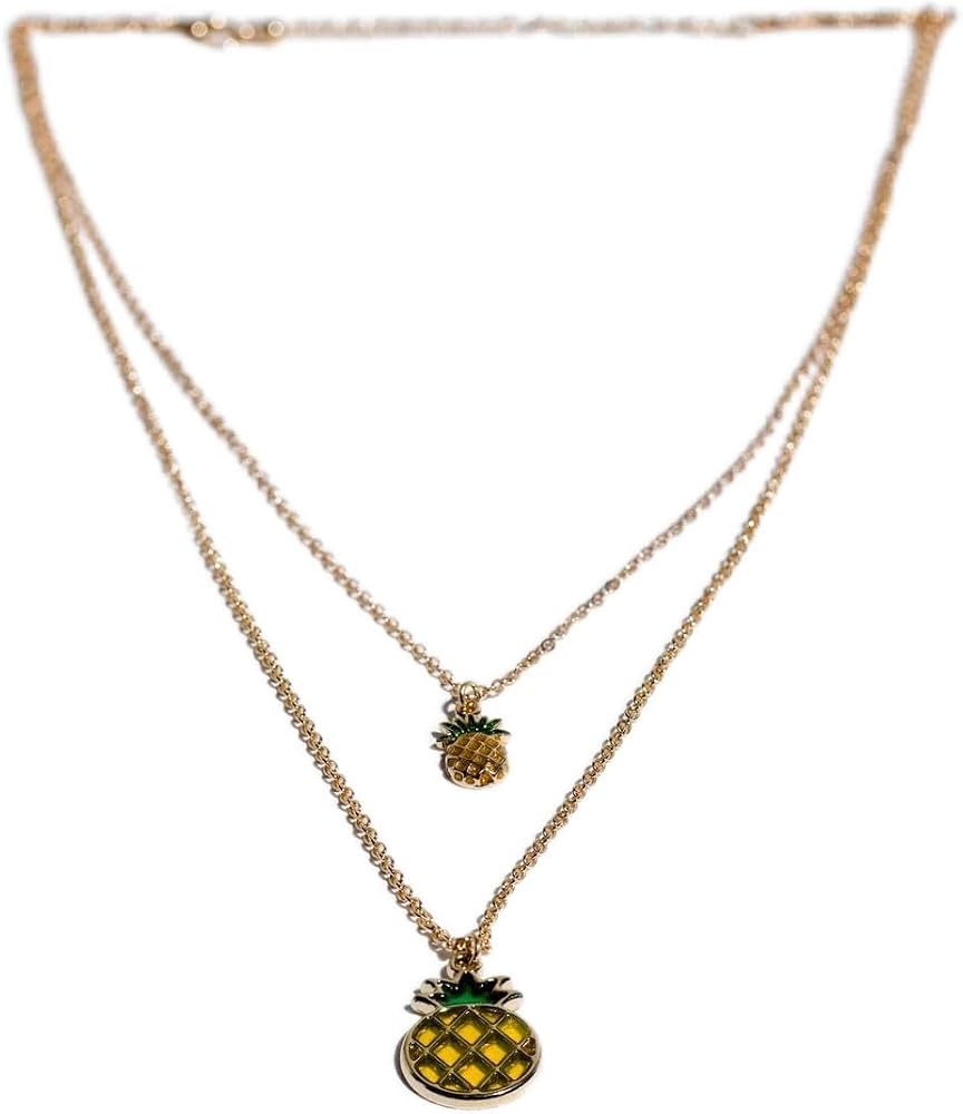 Charming Charlie 2-Layered Gold Necklace with Mini and Large Pineapple Pendants - Women's Layering Jewelry.