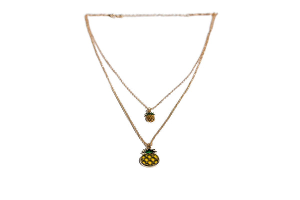 Charming Charlie 2-Layered Gold Necklace with Mini and Large Pineapple Pendants - Women's Layering Jewelry.