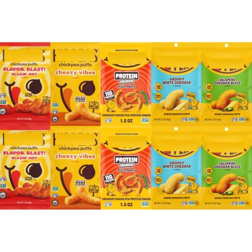 Chickpea Puffs Variety Pack, Blazin' Hot, Cheezy Vibes, Pizza Party, Groovy White Cheddar & Jalapeno Cheddar Blaze, 10 Pack - Personal Care
