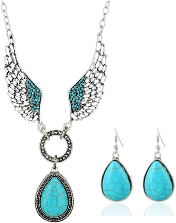BIG TOP DEALS USA Turquoise Jewelry Wings Teardrop Pendant Vintage Necklace and Earring Set – Bohemian Western-Inspired Women’s Jewelry – Elegant Design for Casual and Formal Wear