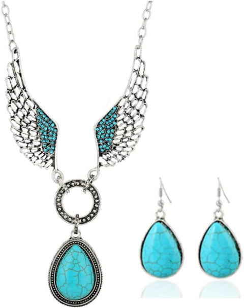 BIG TOP DEALS USA Turquoise Jewelry Wings Teardrop Pendant Vintage Necklace and Earring Set – Bohemian Western-Inspired Women’s Jewelry – Elegant Design for Casual and Formal Wear
