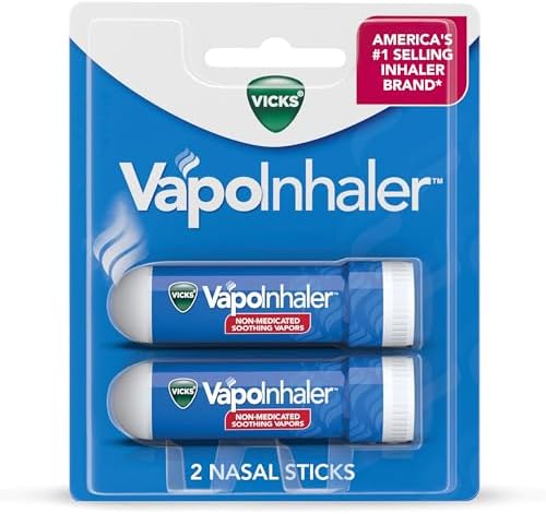Vicks VapoInhaler, On-the-Go Portable Nasal Inhaler, Non-Medicated, With Refreshing Vicks Vapors, Menthol Scent , 2 Scented Sticks