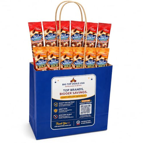 Bigtopdealsusa Blue Diamond Almonds Variety 12ct with Gift Bag | Blue Diamond Almonds, 6 Smokehouse + 6 Habanero BBQ, 1.5 oz each, protein packed, on-the-go snacks in gift bag