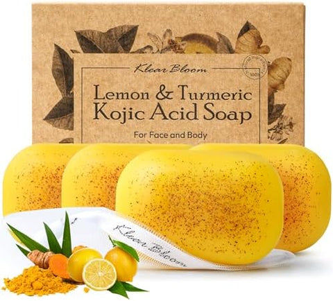 Lemon Turmeric Kojic Acid Soap – Exfoliating Soap with Almond Particles, Vitamin C and Extra Shea Butter, Gentle Brightening & Moisturizing for Face and Body – 105g x 2 Bars