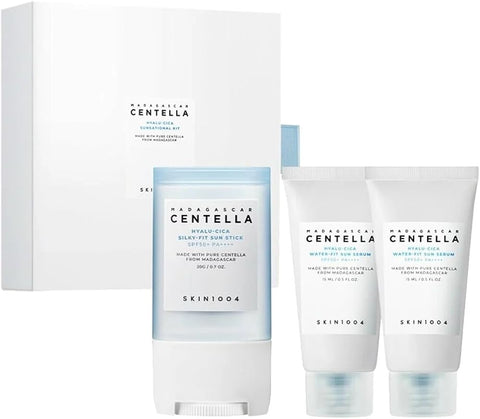 Skin1004 SKIN 1004 - Hyalu Cica Sunsational Kit. Madagascar Centella Hyalu-Cica Silky-Fit Sun Stick X1 and Madagascar Centella Hyalu-Cica Water-Fit Sun Serum Mini X2 korean gift set