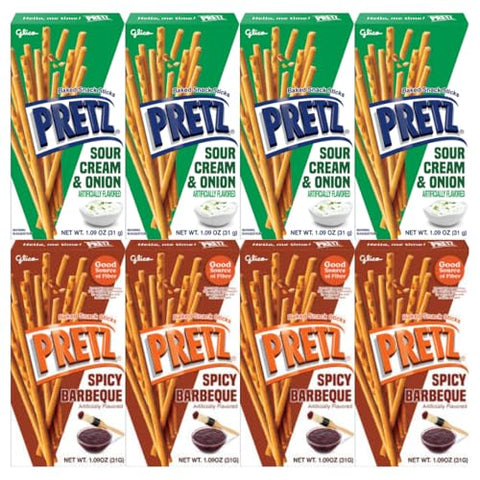 Baked Snack Sticks Variety Pack 8 Pack, Crunchy Savory Pretzel Sticks, 1.09 oz Individual Bags, Sour Cream & Onion and Spicy Barbeque Flavored On the Go Lunchbox Party Snacks