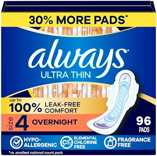 Always Ultra Thin Feminine Pads with Wings for Women, Size 4, Overnight Absorbency, Unscented, Up to 100% Leak-Free Comfort, 96 Count - Personal Care