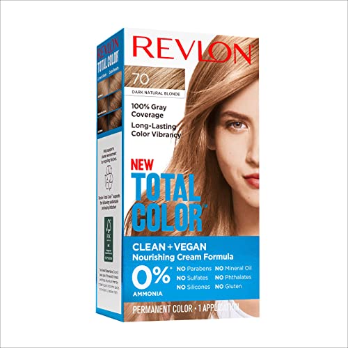 Revlon Total Color Permanent Hair Color, Clean and Vegan, 100% Gray Coverage Hair Dye, 70 Dark Natural Blonde, 3.5 oz