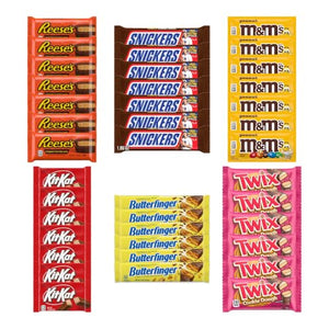 Big TOP DEALS USA 40 Piece Candy Variety Pack with 7 Reese's Cups, 7 Snickers, 7 M&M's Peanut, 7 Kit Kat, 6 Butterfinger and 6 Twix Cookie Dough - Individually Wrapped Party, Halloween and Gift Bundle