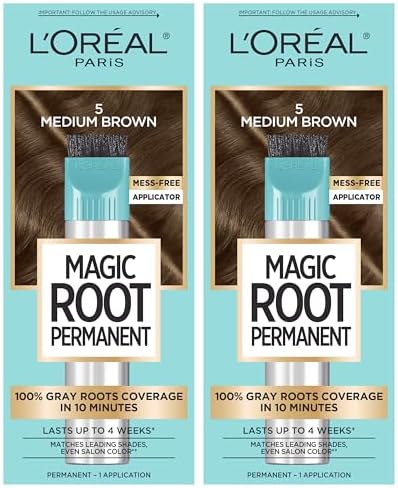 L'Oreal Paris Magic Root Permanent Hair Color Kit, 100% Gray Hair Coverage In Just 10 Minutes, Precision Brush Applicator for Seamless Application, 5 Medium Brown (2 Count)