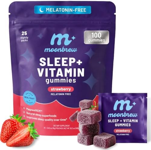 MoonBrew Strawberry Sleep + Vitamin Gummies - 8 Essential Vitamins & Minerals, Natural Magnesium Calming Aid, Melatonin-Free, 25-Pack (100 Gummies)