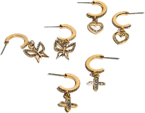 Charming Charlie 3 Pairs of Moissanite Gold-Plated C-Hoop Earrings with Butterfly, Cross, and Heart Charms - Women's Golden Earrings Set for Timeless Elegance.