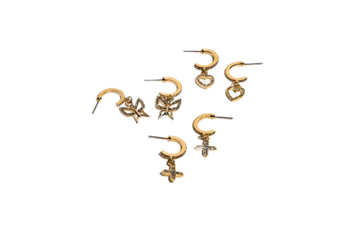 Charming Charlie 3 Pairs of Moissanite Gold-Plated C-Hoop Earrings with Butterfly, Cross, and Heart Charms - Women's Golden Earrings Set for Timeless Elegance.