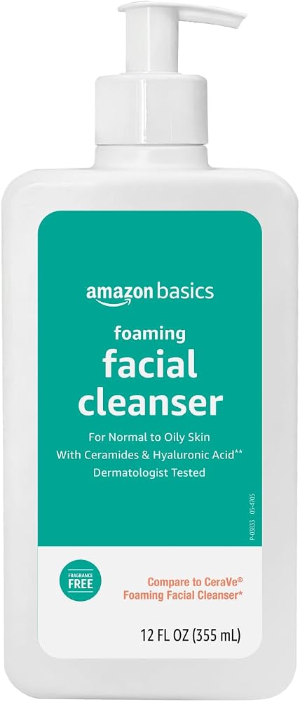 Amazon Basics Foaming Facial Cleanser with Ceramides & Hyaluronic Acid, Gentle Daily Face Wash, Non-Comedogenic, Fragrance-Free, 12 fl oz - Personal Care