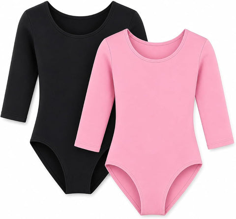 Moret Kids Girls Ballet Dance 2-Pack 3/4 Sleeve Leotard Set, Black and Pink Classic Scoop Neck Stretch Cotton Bodysuit, Studio Practice Gymnastics Dancewear Performance Outfit, Large (12-14)
