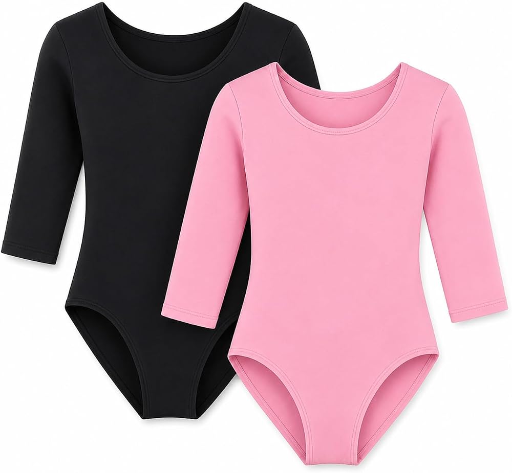 Moret Kids Girls Ballet Dance 2-Pack 3/4 Sleeve Leotard Set, Black and Pink Classic Scoop Neck Stretch Cotton Bodysuit, Studio Practice Gymnastics Dancewear Performance Outfit, Medium (8-10)
