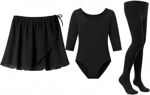 Moret Kids Girls Ballet Dance Outfit 3-Pack Matching Set, Black Elastic Pull-On Faux Wrap Chiffon Skirt, Three-Quarter 3/4 Sleeve Scoop Leotard, Opaque Footed Tights Studio Dancewear, Size 12-14