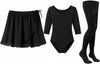 Moret Kids Girls Ballet Dance Outfit 3-Pack Matching Set, Black Elastic Pull-On Faux Wrap Chiffon Skirt, Three-Quarter 3/4 Sleeve Scoop Leotard, Opaque Footed Tights Studio Dancewear, Size 2-3
