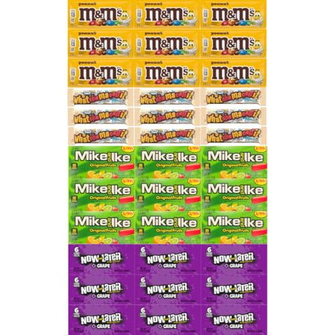 Big TOP DEALS USA 12 Count Candy Variety Pack, 3 Each Mike and Ike Original Fruits, Now and Later Grape, Whatchamacallit, M&M's Peanut - Individually Wrapped, Fruity Chewy Candy, Single Serve Packs