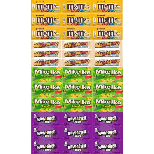 Big TOP DEALS USA 24 Count Candy Variety Pack, 6 Each Mike and Ike Original Fruits, Now and Later Grape, Whatchamacallit, M&M's Peanut - Individually Wrapped, Fruity Chewy Candy, Single Serve Packs