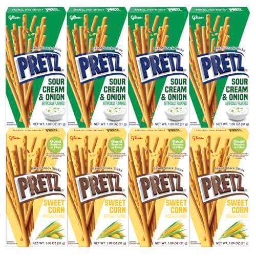 Baked Snack Sticks Variety Pack 8 Pack 1.09 oz Individual Bags, Crunchy Baked Pretzel Sticks, Sour Cream & Onion and Sweet Corn Flavored On The Go Lunchbox School Office Party