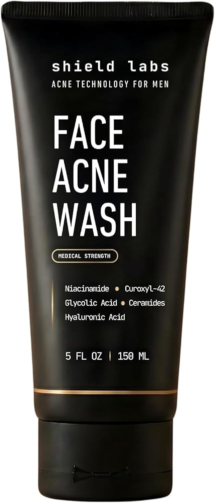 Shield Face Acne Wash for Men and Boys, Curoxyl-42 Face Wash to Clear, Treat, and Prevent Acne, Gentle formula with Niacinamide, Hyaluronic Acid, and Ceramides, Unscented, 5.1 oz