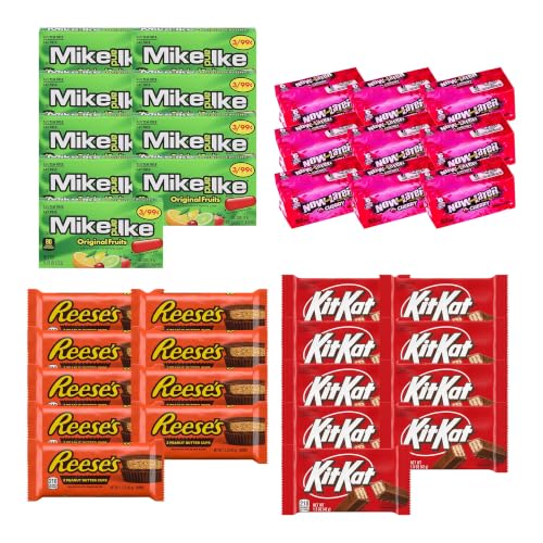 Big TOP DEALS USA 24 Count Candy Variety Pack, 6 Each Mike and Ike Original Fruits, Now and Later Cherry, Reese's Peanut Butter Cups, Kit Kat - Individually Wrapped, Fruity Chewy Candy, Party Favors