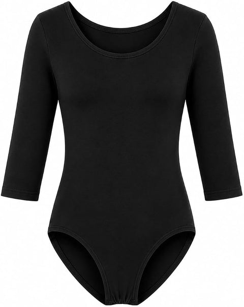 Moret Kids Girls' Ballet and Dance 3/4 Sleeve Leotard - Classic Cotton Stretch Studio Practice Outfit for Gymnastics Recitals Winter and Performance, Black, X-Small