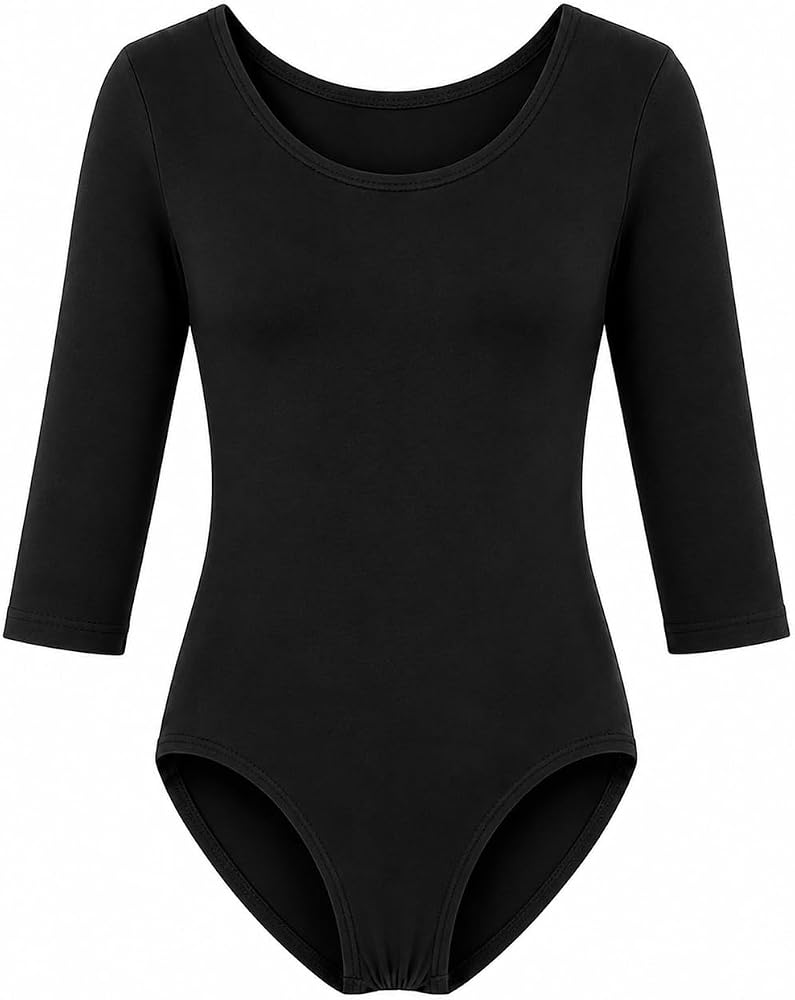 Moret Kids Girls' Ballet and Dance 3/4 Sleeve Leotard - Classic Cotton Stretch Studio Practice Outfit for Gymnastics Recitals Winter and Performance, Black, Large