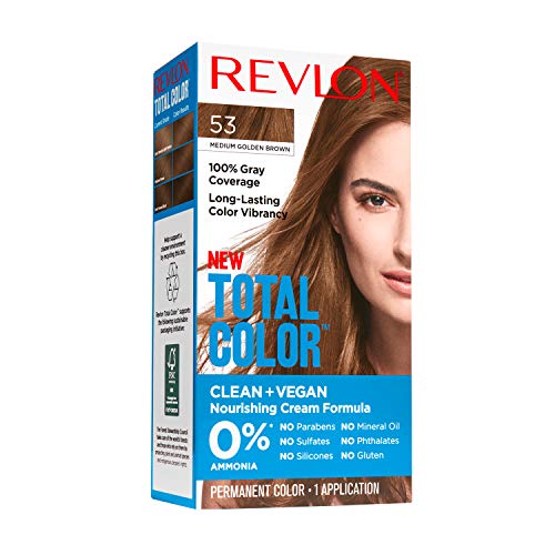 Revlon Total Color Permanent Hair Color, Clean and Vegan, 100% Gray Coverage Hair Dye, 53 Medium Golden Brown