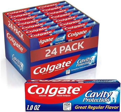 Colgate Cavity Protection Toothpaste with Fluoride, Minty Great Regular Flavor, Anti Cavity Toothpaste, 24 Pack, 1 Oz Tubes