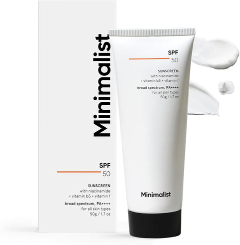 Minimalist Sunscreen SPF 50 Lightweight with Multi-Vitamins | No White Cast | Broad Spectrum PA ++++ | For Women & Men | 50g