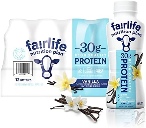 Fairlife Nutrition Protein Shakes - Pack of 12 | 30g Protein, Low Sugar, Lactose-Free | Delicious Vanilla, Chocolate, Salted Caramel, and Strawberry Flavors 11.5 fl., oz. (In KozyHome Packaging) (Vanilla)