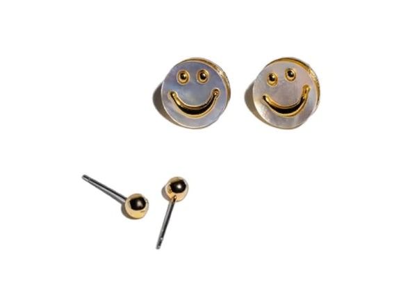 Charming Charlie 2 Pairs of Gold-Plated Stud Earrings - Smiley Face and Mini Ball Studs - Women's Golden Earrings Set to Brighten Your Style.