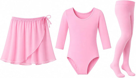 Moret Kids Girls Ballet Dance Outfit 3-Pack Matching Set, Pink Elastic Pull-On Faux Wrap Chiffon Skirt, Three-Quarter 3/4 Sleeve Scoop Neck Leotard, Opaque Footed Tights Studio Dancewear, Size 6-7