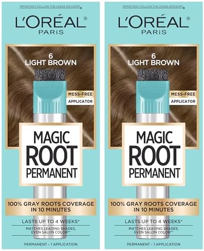 L'Oreal Paris Magic Root Permanent Hair Color Kit, 100% Gray Hair Coverage In Just 10 Minutes, Precision Brush Applicator for Seamless Application, 6 Light Brown (2 Count)