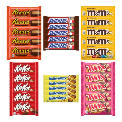 Big TOP DEALS USA 30 Piece Candy Variety Pack with 5 Reese's Cups, 5 Snickers, 5 M&M's Peanut, 5 Kit Kat, 5 Butterfinger and 5 Twix Cookie Dough - Individually Wrapped Party, Halloween and Gift Bundle