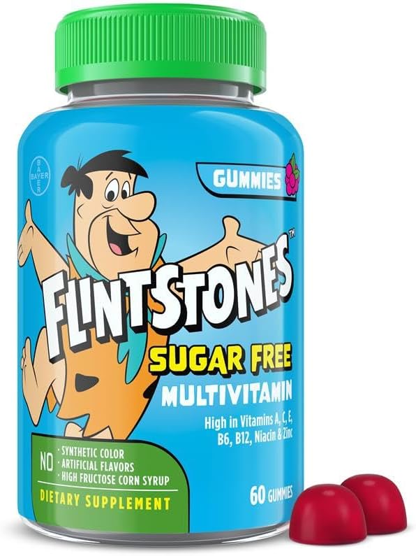 Flintstones Multivitamins for Kids, Sugar Free Kids Multivitamin Gummies, with Vitamins A, C, E, B6 & B12, Raspberry Flavored Gummy Vitamins, 60 Count