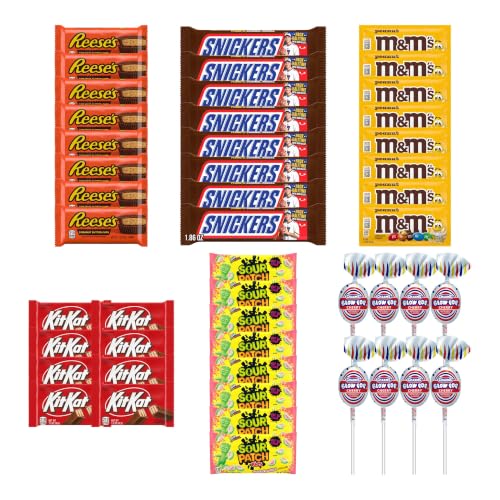 Big TOP DEALS USA 48 Piece Candy Variety Pack with 8 Reese's Cups, 8 Snickers, 8 M&M's Peanut, 8 Kit Kat, 8 Sour Patch Kids Watermelon and 8 Blow Pops - Individually Wrapped Party and Halloween Bundle