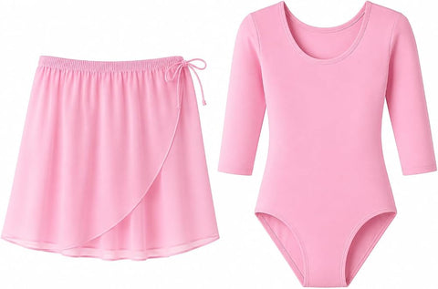 Moret Kids Girls Ballet Dance Outfit 2-Pack Matching Set, Pink Elastic Pull-On Faux Wrap Chiffon Skirt, Three-Quarter 3/4 Sleeve Scoop Leotard Studio Dancewear Gymnastics Costume, Size 12-14
