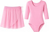 Moret Kids Girls Ballet Dance Outfit 2-Pack Matching Set, Pink Elastic Pull-On Faux Wrap Chiffon Skirt, Three-Quarter 3/4 Sleeve Scoop Leotard Studio Dancewear Gymnastics Costume, Size 8-10